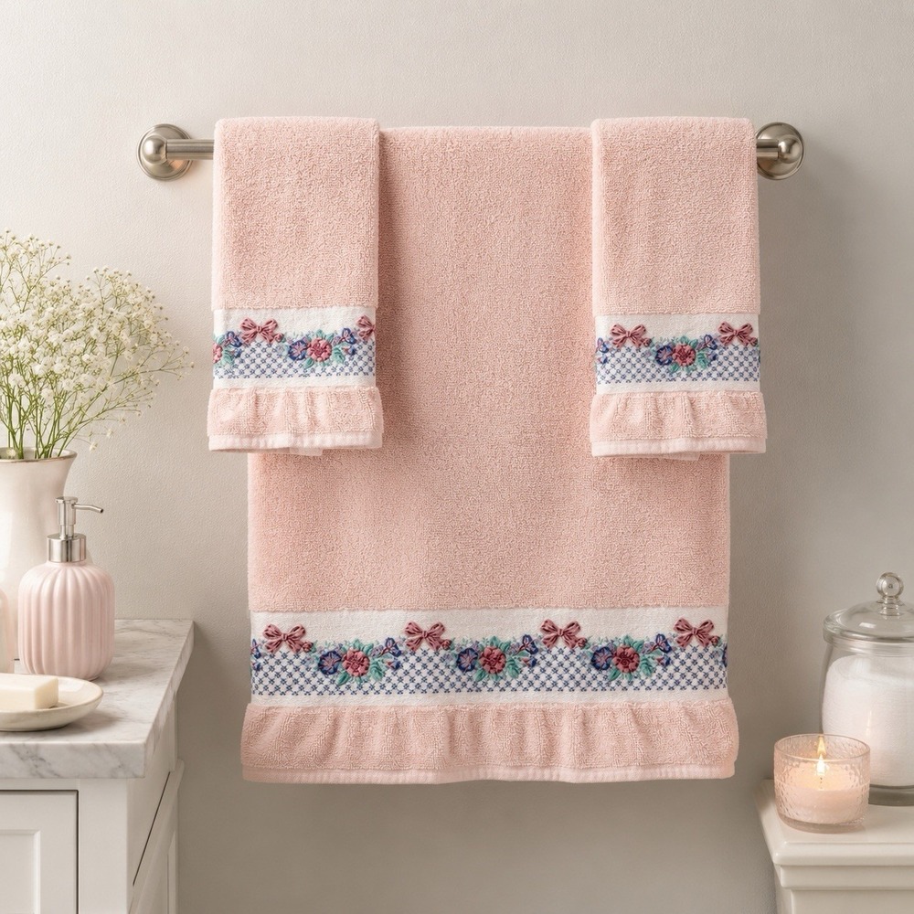 Vintage BIBB Pink Floral Ribbon Bath Towel Set USA Cottagecore Shabby Chic